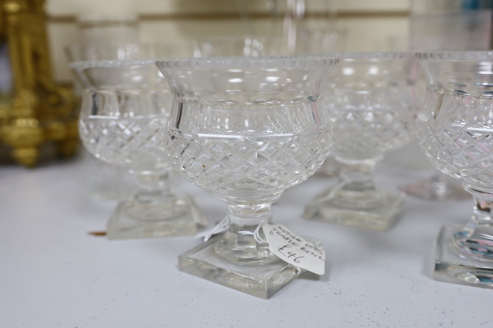 A set of four Victorian glass pedestal bowls and etched glassware, Jug 28 cms high (14)